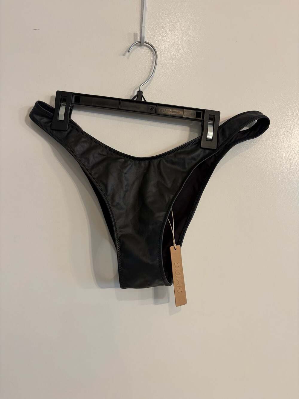 SKIMS Micro Pleather Swim Micro Tanga Bikini Bottom in Onyx